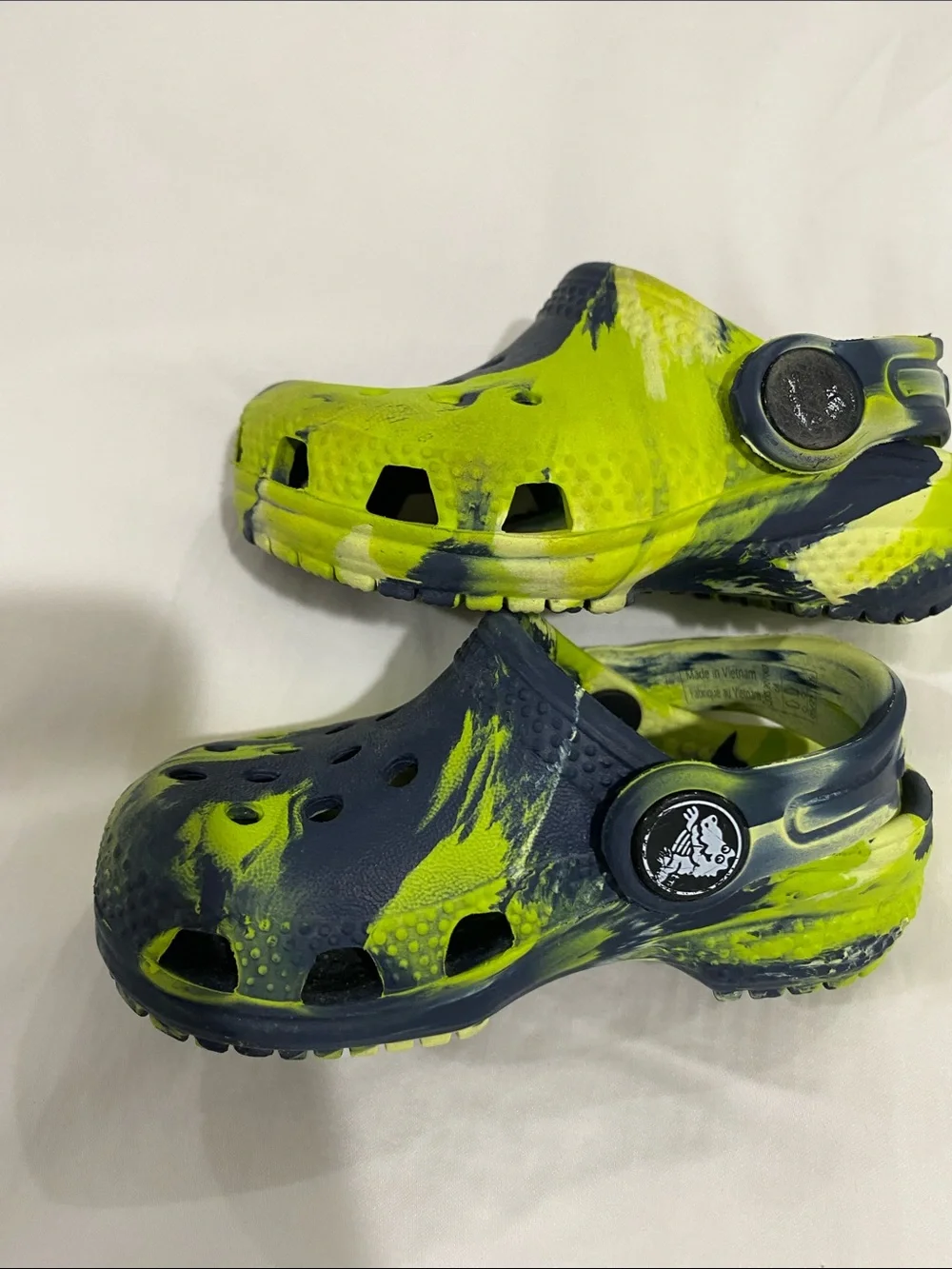 Baby Size 4 Neon Yellow/Green & Navy Tie Dye Crocs